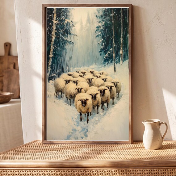 Sheep Huddled in Snow Antique Oil Painting — view 5