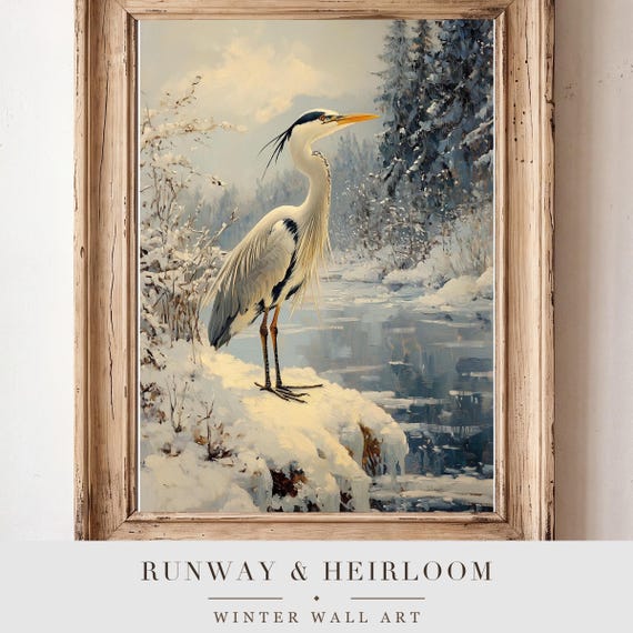 Heron on a Frozen Marsh Antique Oil Painting