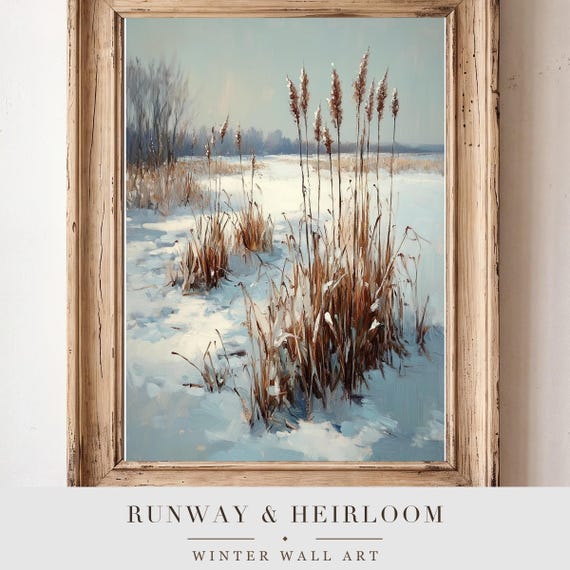 Reeds in a Frozen Marsh Antique Oil Painting