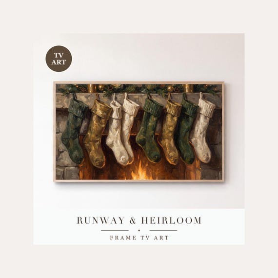 Christmas Stockings Frame TV Art, Samsung Frame TV Art Cozy Fireplace Oil Painting, Mantel Holi…