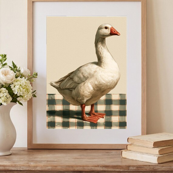 White Goose on Gingham Watercolor Art Print — view 2