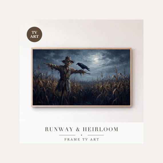 Crow on Scarecrow Frame TV Art, Samsung Frame TV Art Halloween Moonlit Cornfield Painting, Mood…