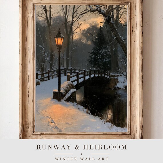 Snowy Footbridge Antique Oil Painting