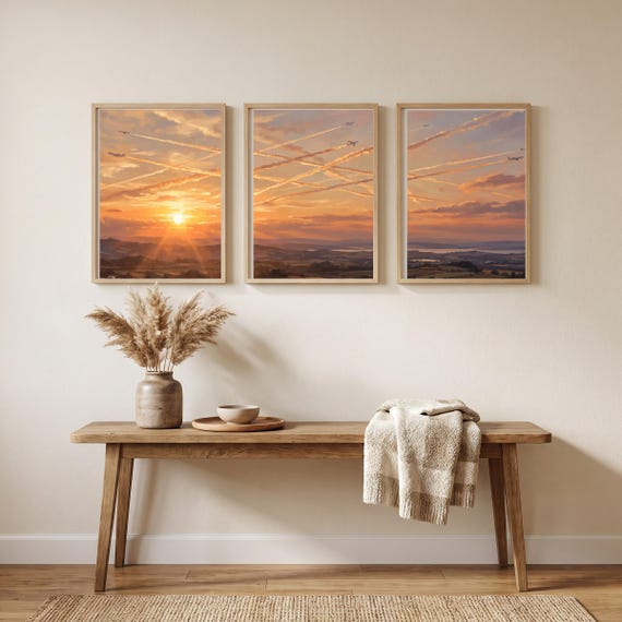 Contrail Sky Triptych Set of 3 Golden Hour Print Digital Download Aviation Airplane Decor Aircraft Modern Teen Bedroom Poster Pilot &mdash; view 5