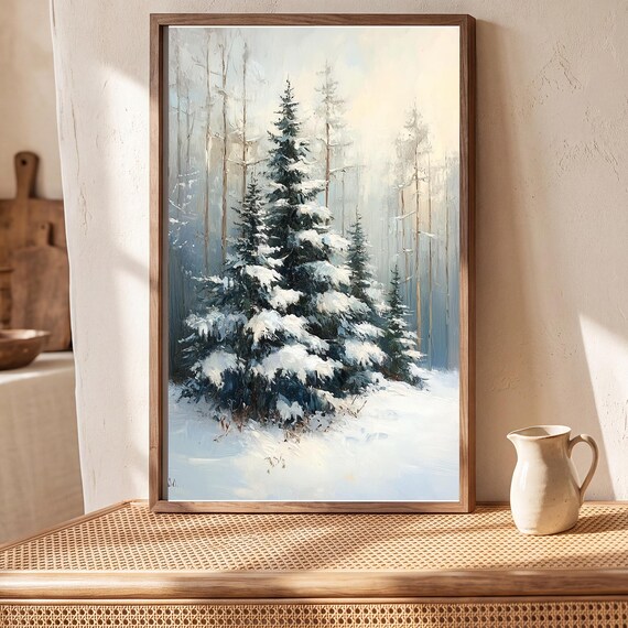 Snowy Evergreen Bough Antique Oil Painting — view 5