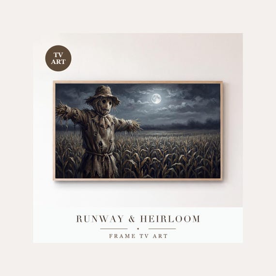 Scarecrow Portrait Frame TV Art, Samsung Frame TV Art Halloween Moonlit Nocturne Painting, Mood…
