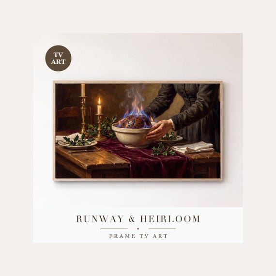 Christmas Pudding Frame TV Art, Samsung Frame TV Art Candlelit Feast Oil Painting, Holiday Tabl…