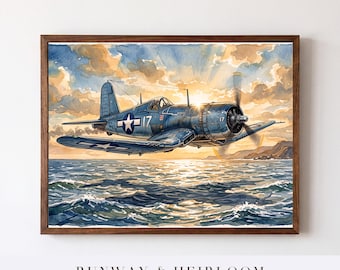 May include: A framed watercolor painting of a blue military aircraft with the number 17 on its side, flying over a dark blue ocean at sunset. The sky features golden clouds and sun rays. The text RUNWAY & HEIRLOOM VINTAGE AVIATION ART is below.