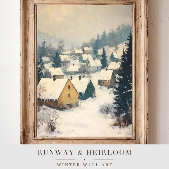 Snowy Village Rooftops Antique Oil Painting