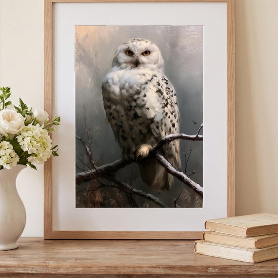 Snowy Owl on a Branch Antique Oil Painting — view 2