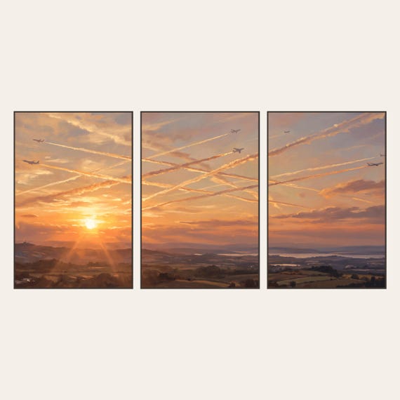 Contrail Sky Triptych Set of 3 Golden Hour Print Digital Download Aviation Airplane Decor Aircraft Modern Teen Bedroom Poster Pilot &mdash; view 6