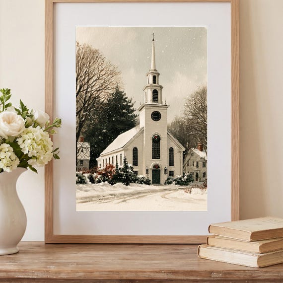 Snowy Country Church Watercolor Art Print — view 2