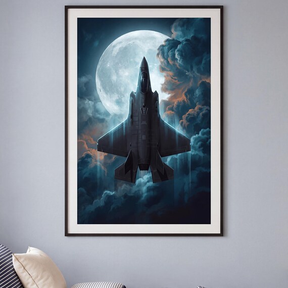 Night Intercept Print Moody Fighter Jet Art Digital Download Aviation Decor Airplane Aircraft Teen Bedroom Poster Pilot Gift Modern &mdash; view 2