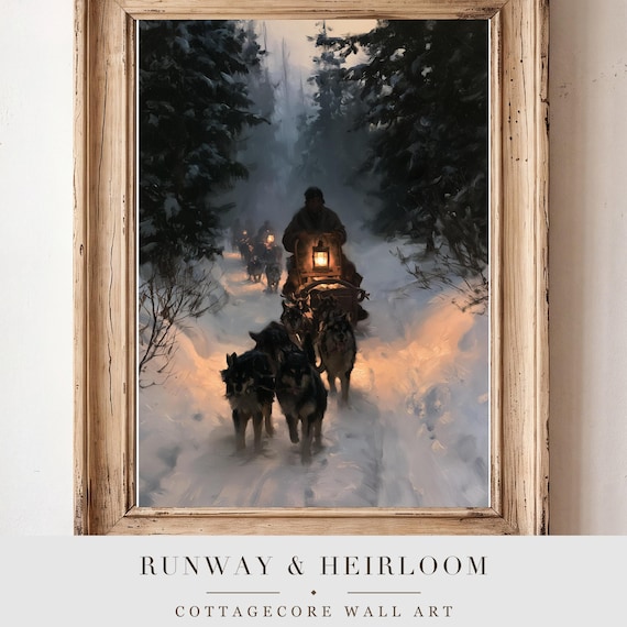 Sled Dog Team Antique Oil Painting