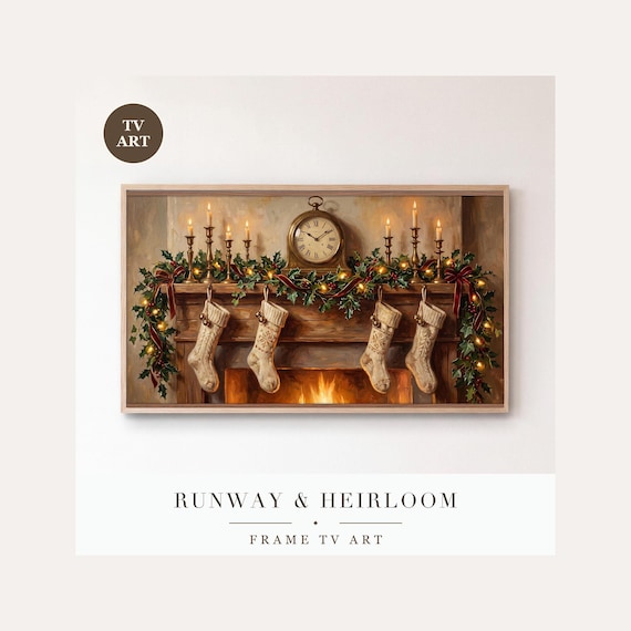 Dressed Mantel Frame TV Art, Samsung Frame TV Art Cozy Christmas Fireplace Oil, Stockings Garla…