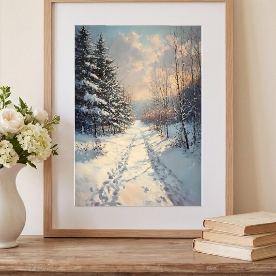 Snowy Apple Orchard Antique Oil Painting — view 2