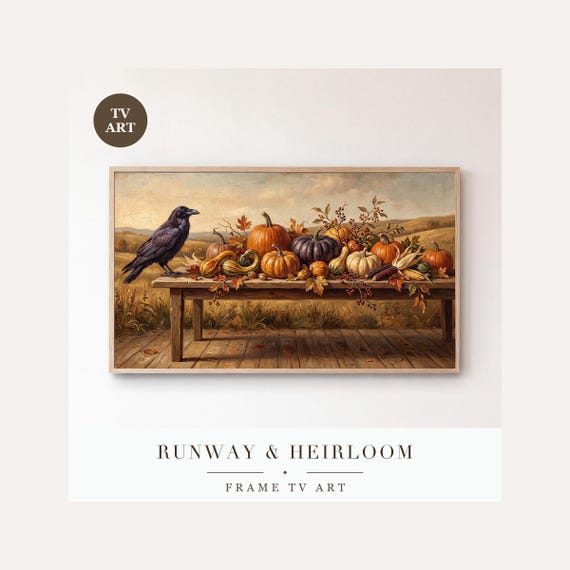 Pumpkins and Raven Frame TV Art, Samsung Frame TV Art Autumn Still Life Oil Painting, Warm Fall…