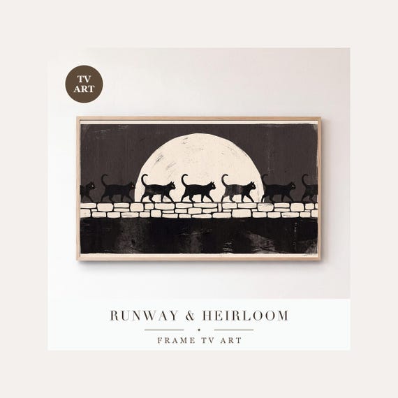 Black Cat and Moon Frame TV Art, Samsung Frame TV Art Cut Paper Graphic Cats, Minimalist Hallow…