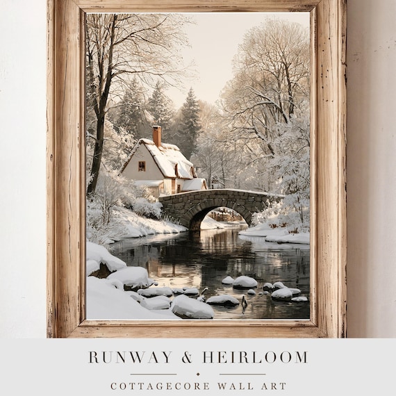 Snowy Stone Bridge & Cottage Watercolor Print
