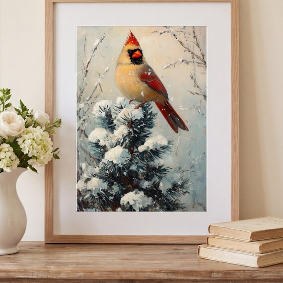Cardinal on a Snowy Pine Antique Oil Painting — view 2