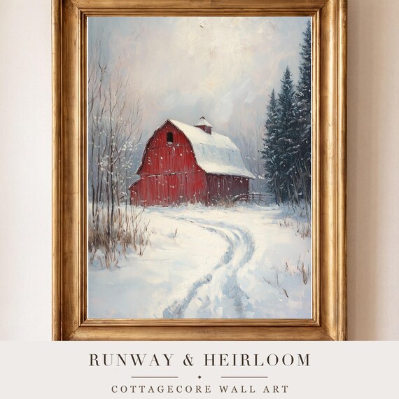 Red Barn in a Whiteout Antique Oil Painting — view 4