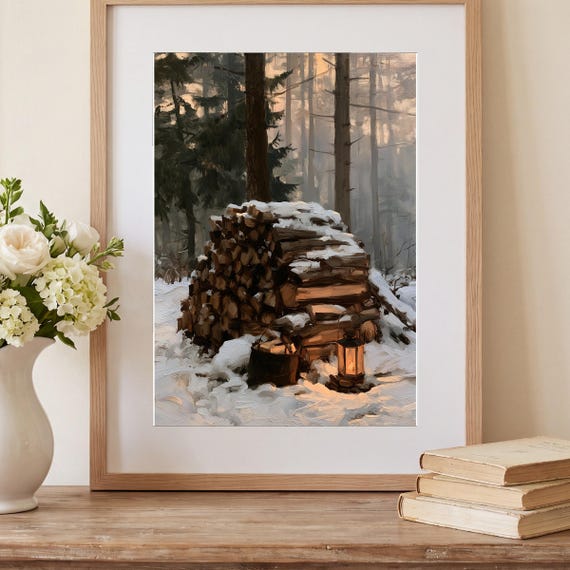 Snowy Woodpile Antique Oil Painting — view 2