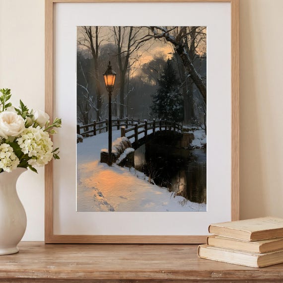 Snowy Footbridge Antique Oil Painting — view 2