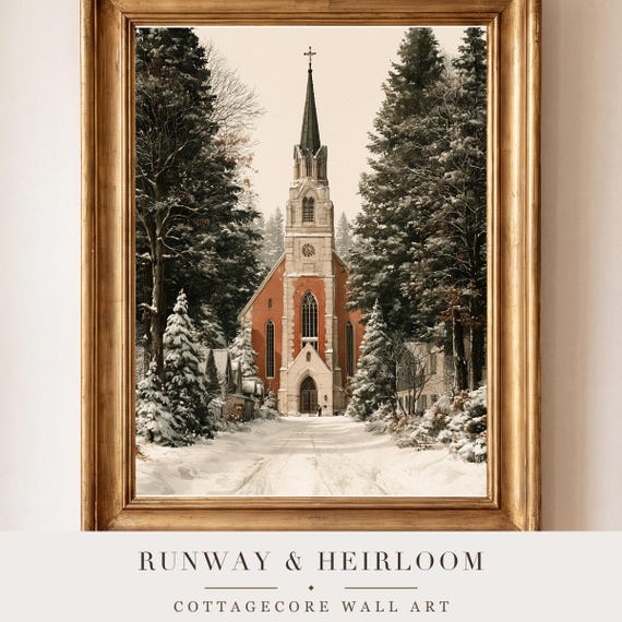 Snowy Village Church Watercolor Art Print — view 4
