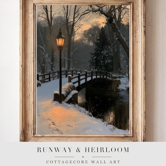 Snowy Footbridge Antique Oil Painting