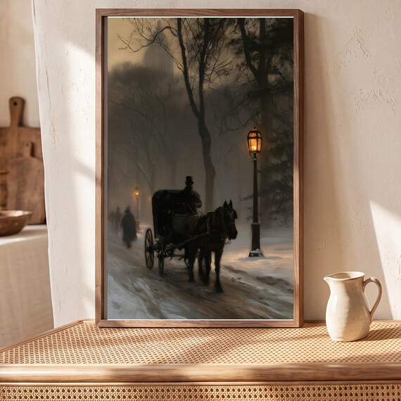 Horse-Drawn Sleigh Antique Oil Painting — view 5