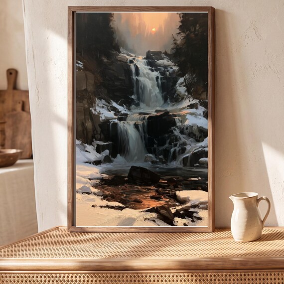 Frozen Waterfall Antique Oil Painting — view 5