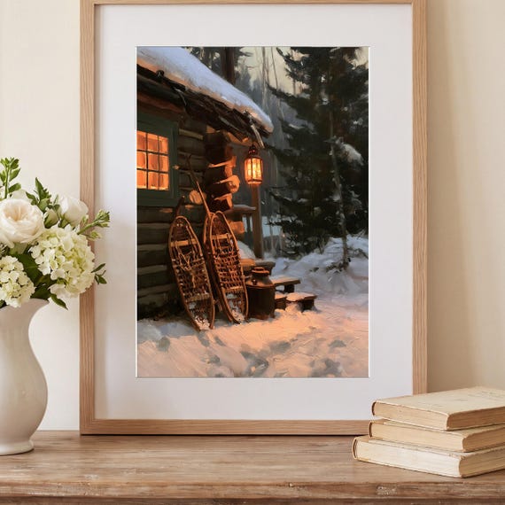 Snowshoes on a Cabin Antique Oil Painting — view 2