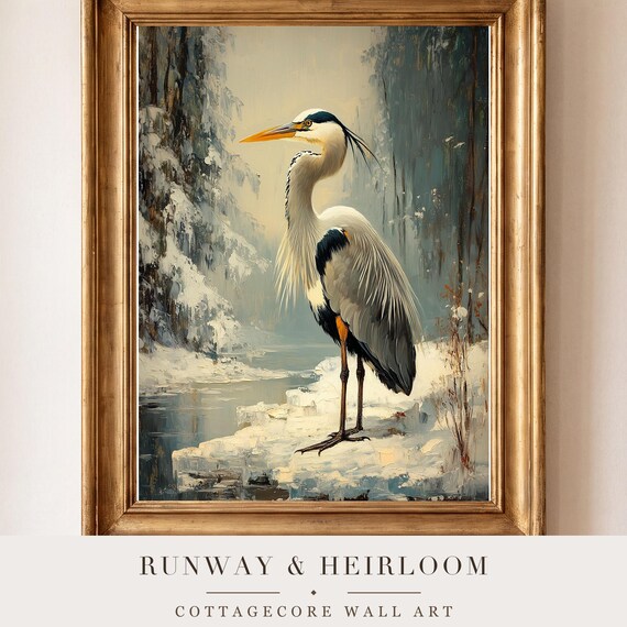 Grey Heron on Frozen Marsh Antique Oil Painting — view 4