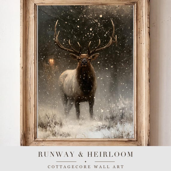 Bull Elk in Snow Antique Oil Painting