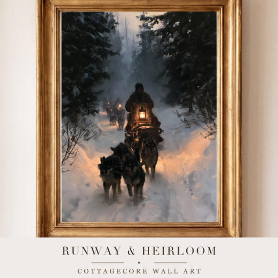 Sled Dog Team Antique Oil Painting — view 4