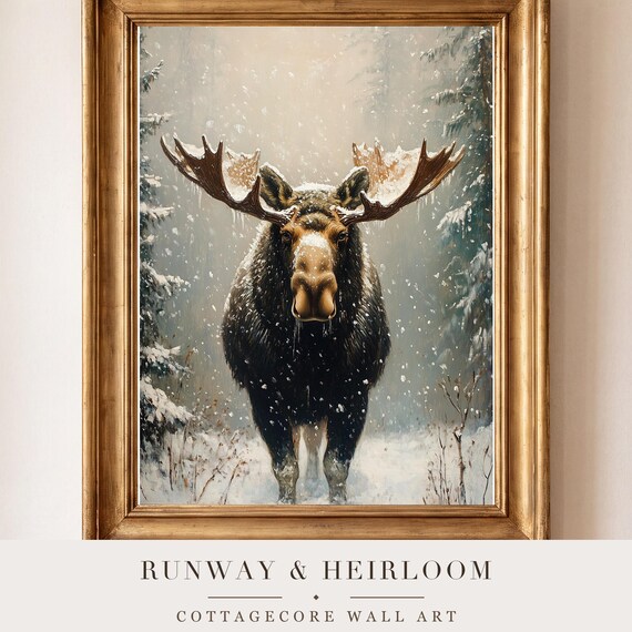 Moose in Snowfall Antique Oil Painting — view 4