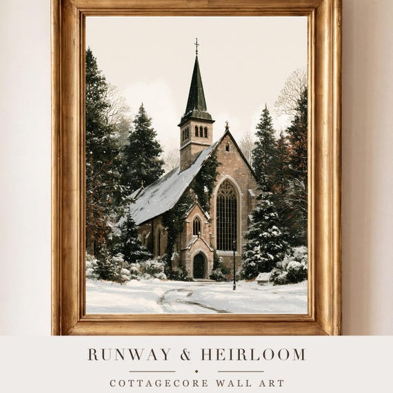 Snowy Village Chapel Watercolor Art Print — view 4