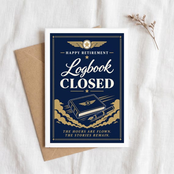 Logbook Closed Pilot Retirement Card Printable Happy Farewell Digital Download Aviation Captain Gift Flight Crew Party Keepsake Dad Men &mdash; view 5
