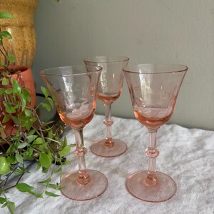 Pink Etched Floral Cordial Glasses | Set of 3 | Knob Stem