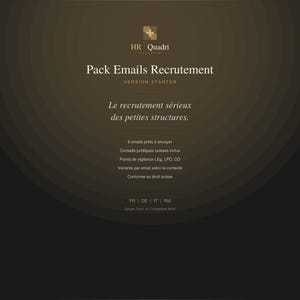 Peut inclure: Visuel doré avec le texte "HR Quadri" et "Pack Emails Recrutement". Le texte "VERSION STARTER" est en dessous du titre. On peut également lire "Le recrutement sérieux des petites structures".