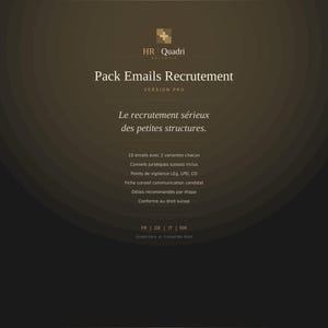 Op de afbeelding: Een donkerbruine afbeelding met de tekst "HR Quadri HELVETIA" en "Pack Emails Recrutement VERSION PRO". Daaronder staat "Le recrutement sérieux des petites structures." Extra tekst geeft e-mail- en juridische adviesdetails.