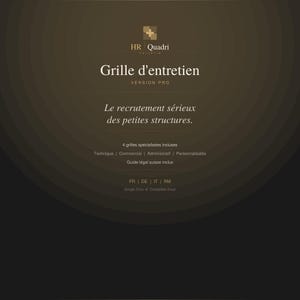 May include: A dark brown graphic with the text "HR Quadri" and "Grille d'entretien VERSION PRO". The text "Le recrutement sérieux des petites structures" is also visible. Additional text includes "4 grilles spécialisées incluses" and "FR | DE | IT | RM".