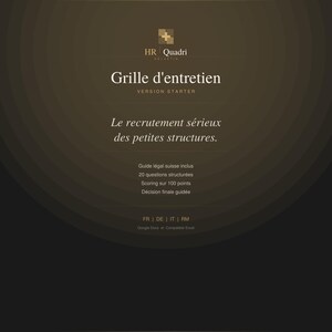 May include: A digital document with a gradient brown background. The text reads "HR Quadri HELVETIA" and "Grille d'entretien VERSION STARTER". Below, it says "Le recrutement sérieux des petites structures."