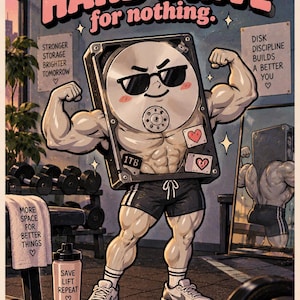 Op de afbeelding: Een poster met een gespierd harde schijf-personage met een zonnebril, zwarte korte broek en witte sneakers. De tekst luidt: They don't call me a HARD DRIVE for nothing. Aanvullende tekst bevat: STRONGER STORAGE BRIGHTER TOMORROW, DISK DISCIPLINE BUILDS A BETTER YOU, MORE SPACE FOR BETTER THINGS en SAVE LIFT REPEAT.