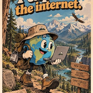 May include: A vintage-style poster featuring a cartoon globe character wearing a hiking hat and backpack, holding a laptop. The text reads I explore the internet, Good sites good vibes, Explore learn discover repeat, New pages, Bigger horizons, Same curious me.
