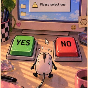 Op de afbeelding: Een digitale illustratie van een computermuis met armen en benen voor twee grote knoppen met de tekst YES en NO. De monitor toont een pop-upvenster met de tekst Please select one. De scène bevat een bureau met een mok en pennen.