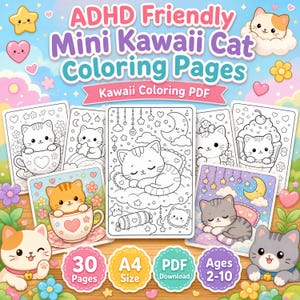 Kawaii Cat Coloring Pages, 30 Page Cat Coloring Book for Kids, ADHD Friendly Bold Lines, Printable PDF, A4 US Letter