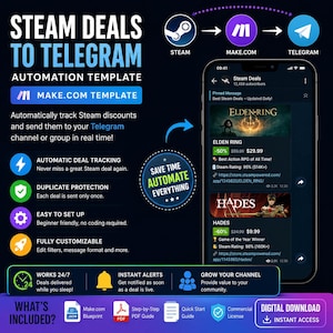 Steam Deals To Telegram Bot | Make.com Automation Template | Steam Discount Alerts | Telegram Channel Automation | Digital Download