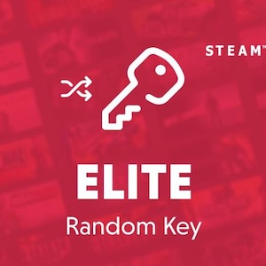 May include: A red digital graphic featuring a white outline of a key with a shuffle icon to its left. The text STEAM is in the upper right corner. Below the key, the word ELITE is printed in large white letters, followed by the text Random Key.