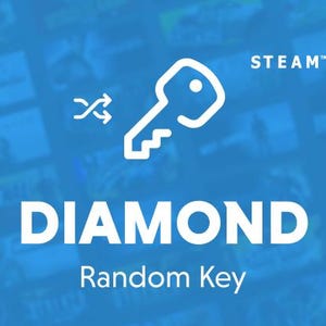 May include: A blue digital graphic featuring a white outline of a key icon with a shuffle symbol to its left. The text reads STEAM, DIAMOND, and Random Key in white, sans-serif font against a blurred background of various game cover art.
